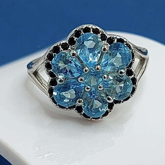 Natural Blue Apatite 5x4mm & Black Spinel 925 Sterling Silver Ring Size 7 - Picture 9 of 11